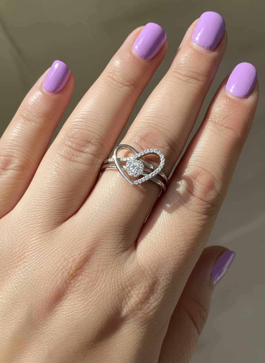 White Gold Plated Sterling Silver Women's Two Piece Heart & Halo Ring