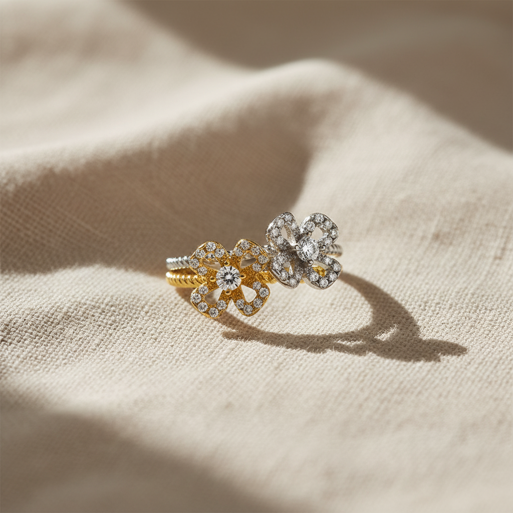 Sterling Silver Two Tone Sterling Silver CZ Stackable Flower Ring