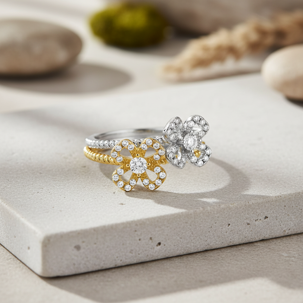 Sterling Silver Two Tone Sterling Silver CZ Stackable Flower Ring