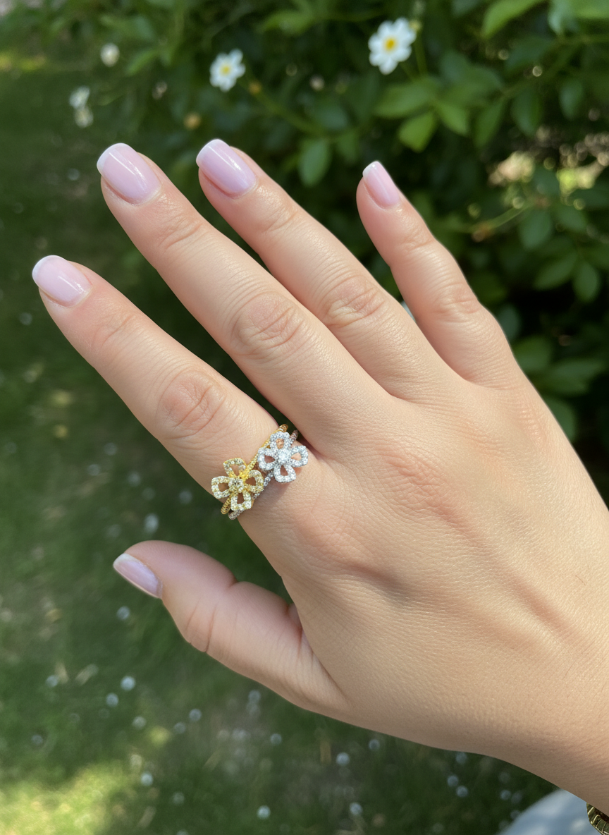 Sterling Silver Two Tone Sterling Silver CZ Stackable Flower Ring