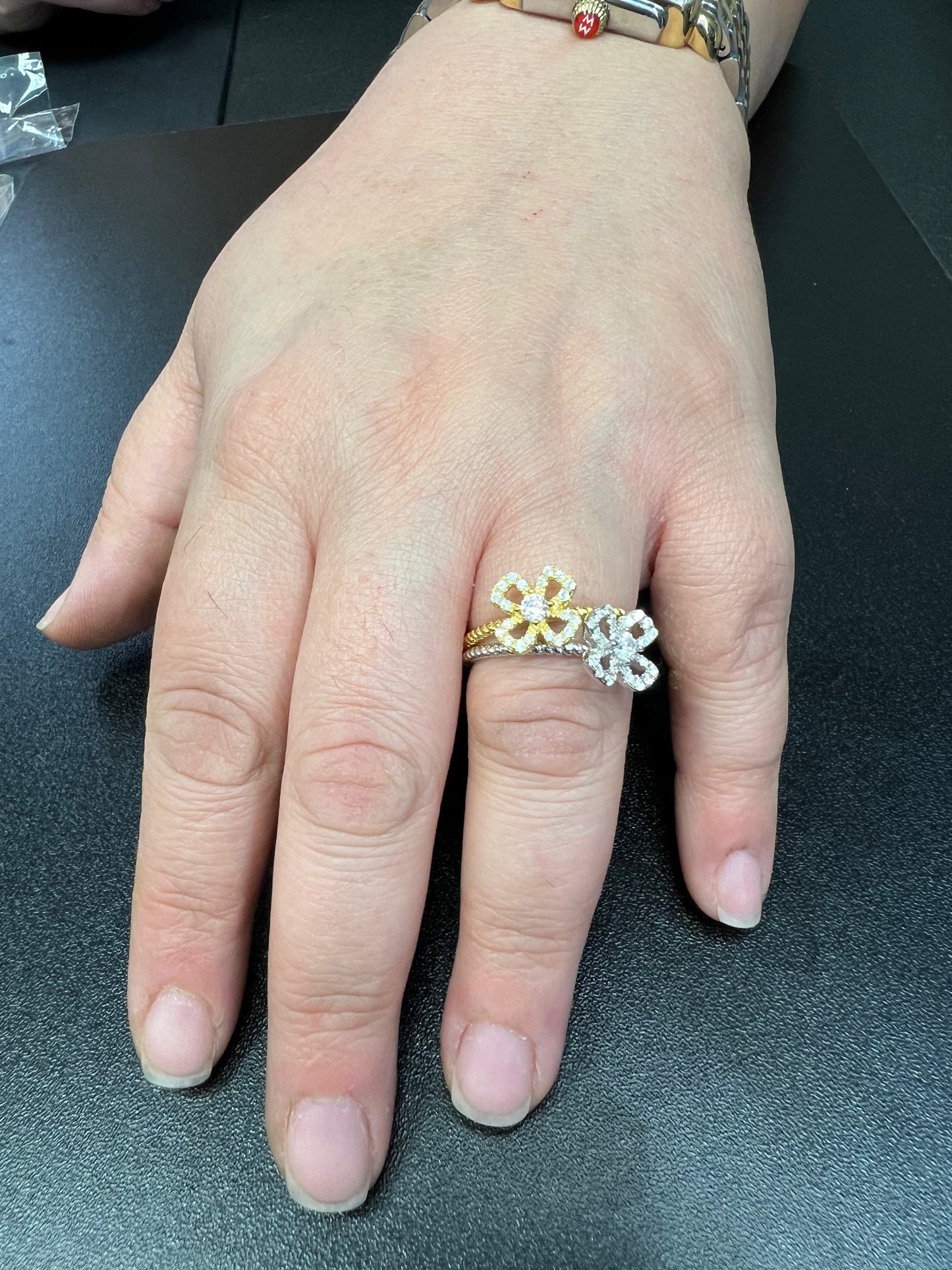 Sterling Silver Two Tone Sterling Silver CZ Stackable Flower Ring
