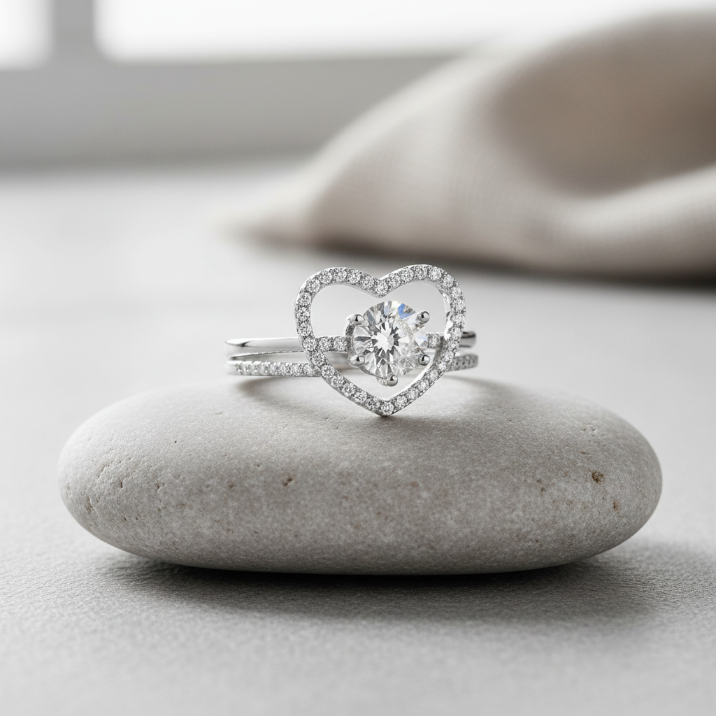 Sterling Silver CZ Two Piece Heart & Solitaire Ring | SilverCloseOut