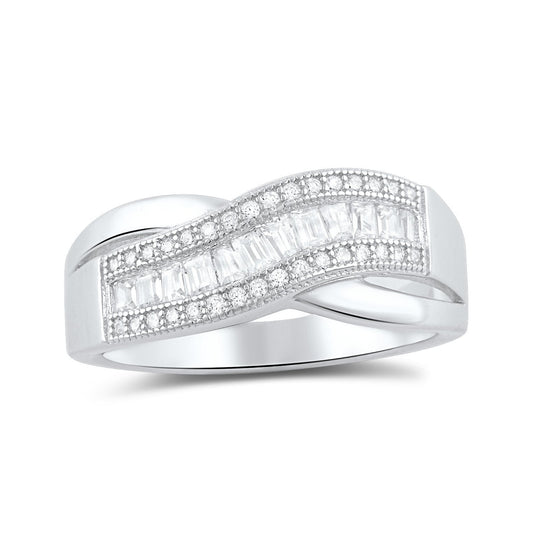 White Gold Plated Sterling Silver Moissanite Wave Statement Ring for Women – 42 Sparkling Baguette-Cut Stones, 12mm Wide, Gift Box Included (Sizes 4–10)