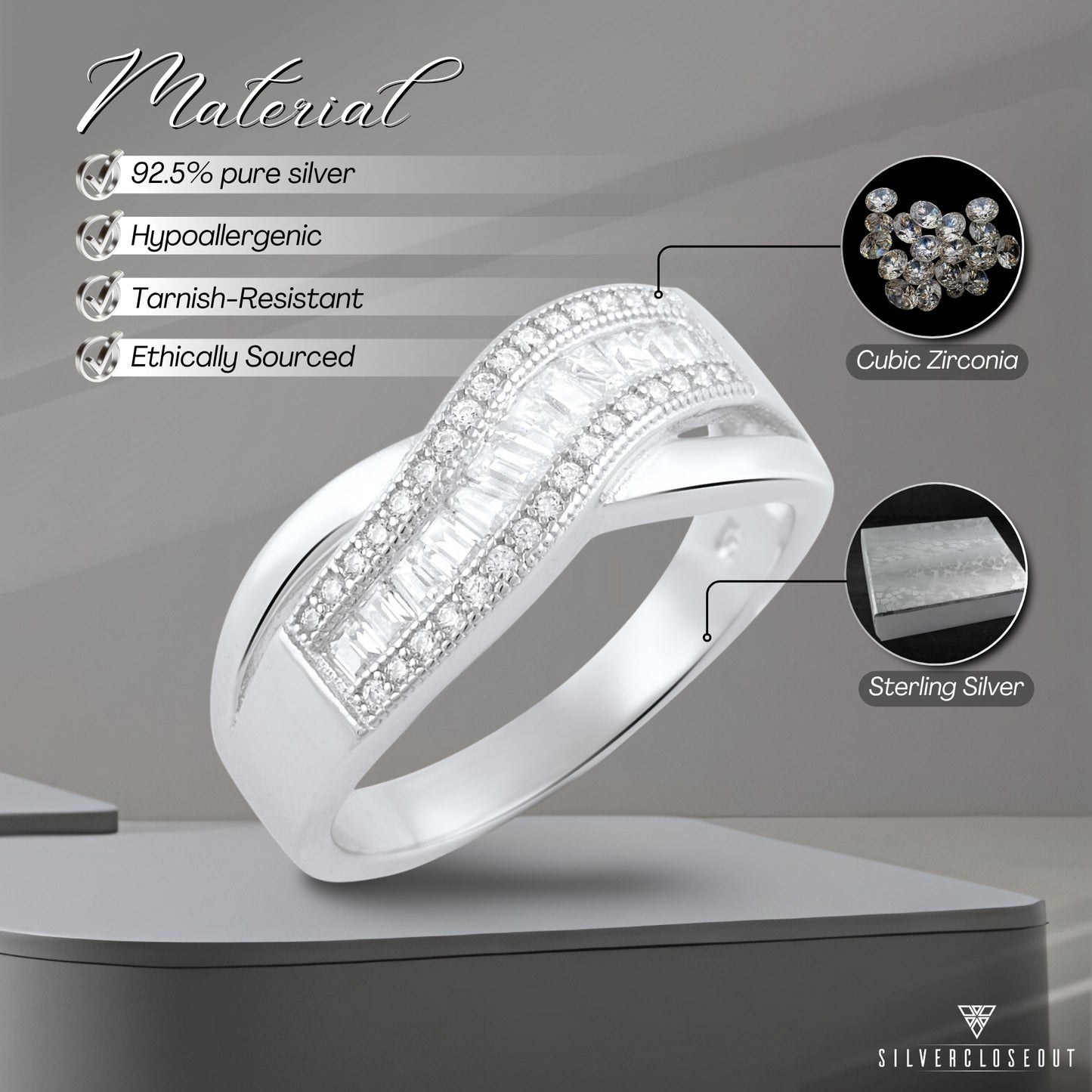 White Gold Plated Sterling Silver Moissanite Wave Statement Ring for Women – 42 Sparkling Baguette-Cut Stones, 12mm Wide, Gift Box Included (Sizes 4–10)