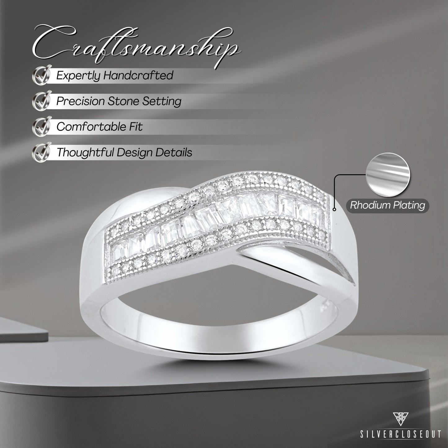 White Gold Plated Sterling Silver Moissanite Wave Statement Ring for Women – 42 Sparkling Baguette-Cut Stones, 12mm Wide, Gift Box Included (Sizes 4–10)