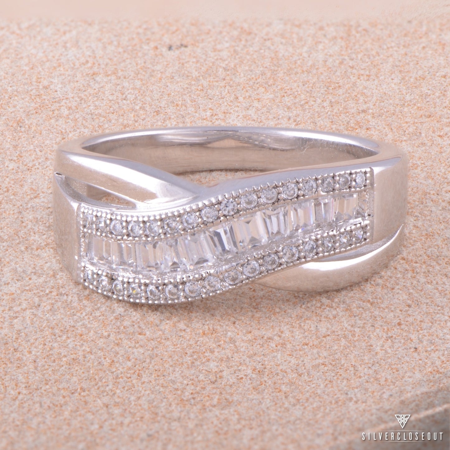 White Gold Plated Sterling Silver Moissanite Wave Statement Ring for Women – 42 Sparkling Baguette-Cut Stones, 12mm Wide, Gift Box Included (Sizes 4–10)