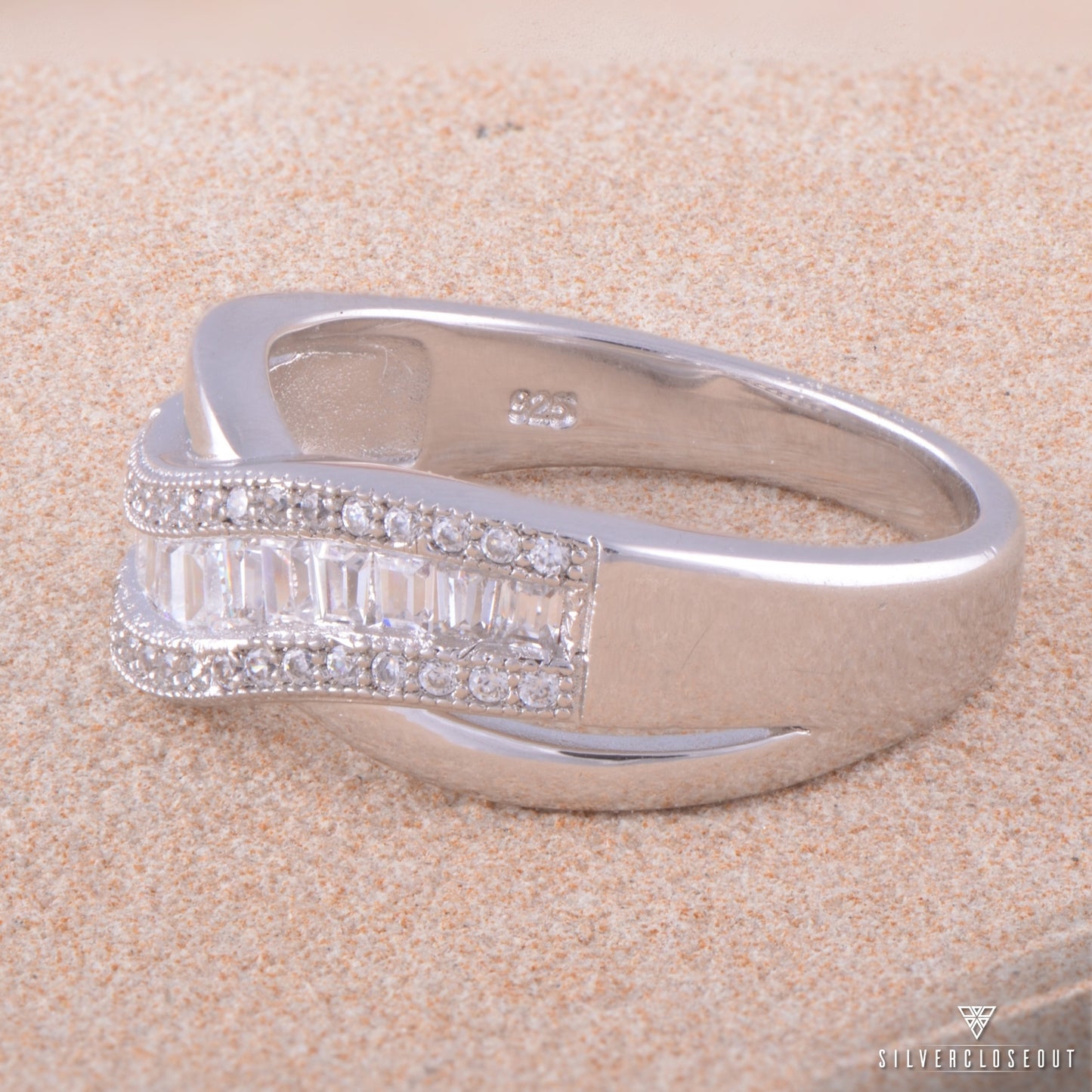 White Gold Plated Sterling Silver Moissanite Wave Statement Ring for Women – 42 Sparkling Baguette-Cut Stones, 12mm Wide, Gift Box Included (Sizes 4–10)