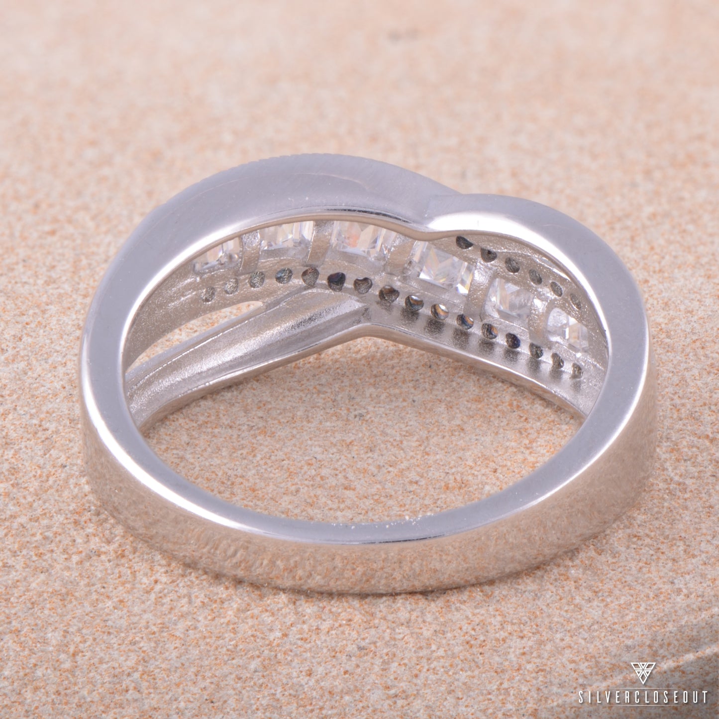 White Gold Plated Sterling Silver Moissanite Wave Statement Ring for Women – 42 Sparkling Baguette-Cut Stones, 12mm Wide, Gift Box Included (Sizes 4–10)