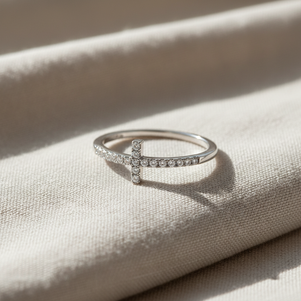 White Gold over Sterling Silver Women's CZ Thin Stackable Sideways Cross Ring