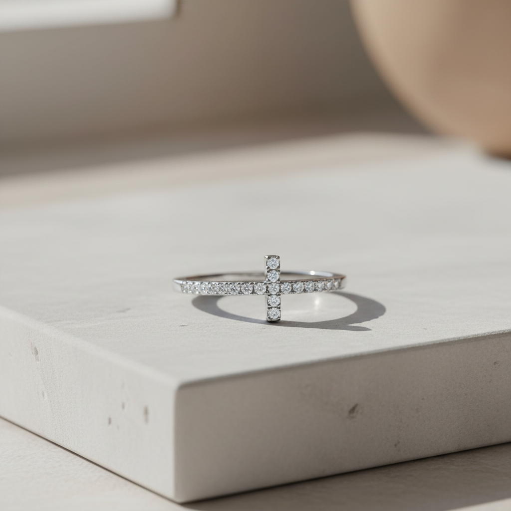 White Gold over Sterling Silver Women's CZ Thin Stackable Sideways Cross Ring