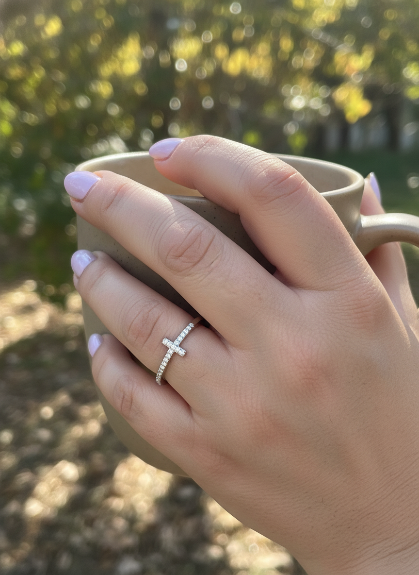 White Gold over Sterling Silver Women's CZ Thin Stackable Sideways Cross Ring