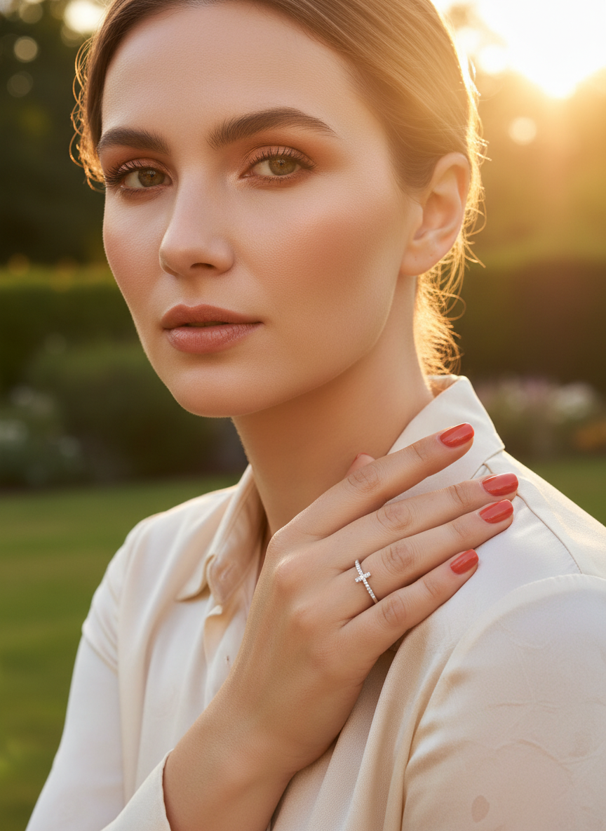 White Gold over Sterling Silver Women's CZ Thin Stackable Sideways Cross Ring