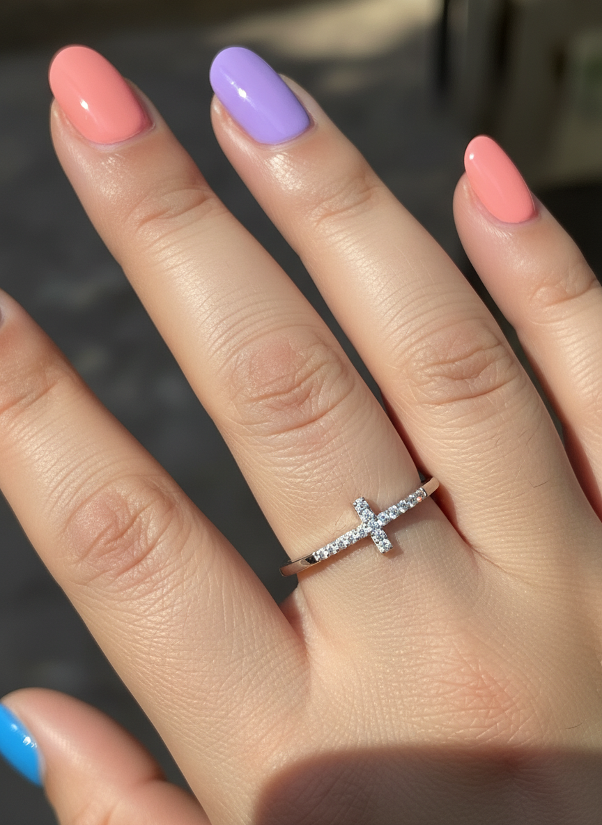 White Gold over Sterling Silver Women's CZ Thin Stackable Sideways Cross Ring