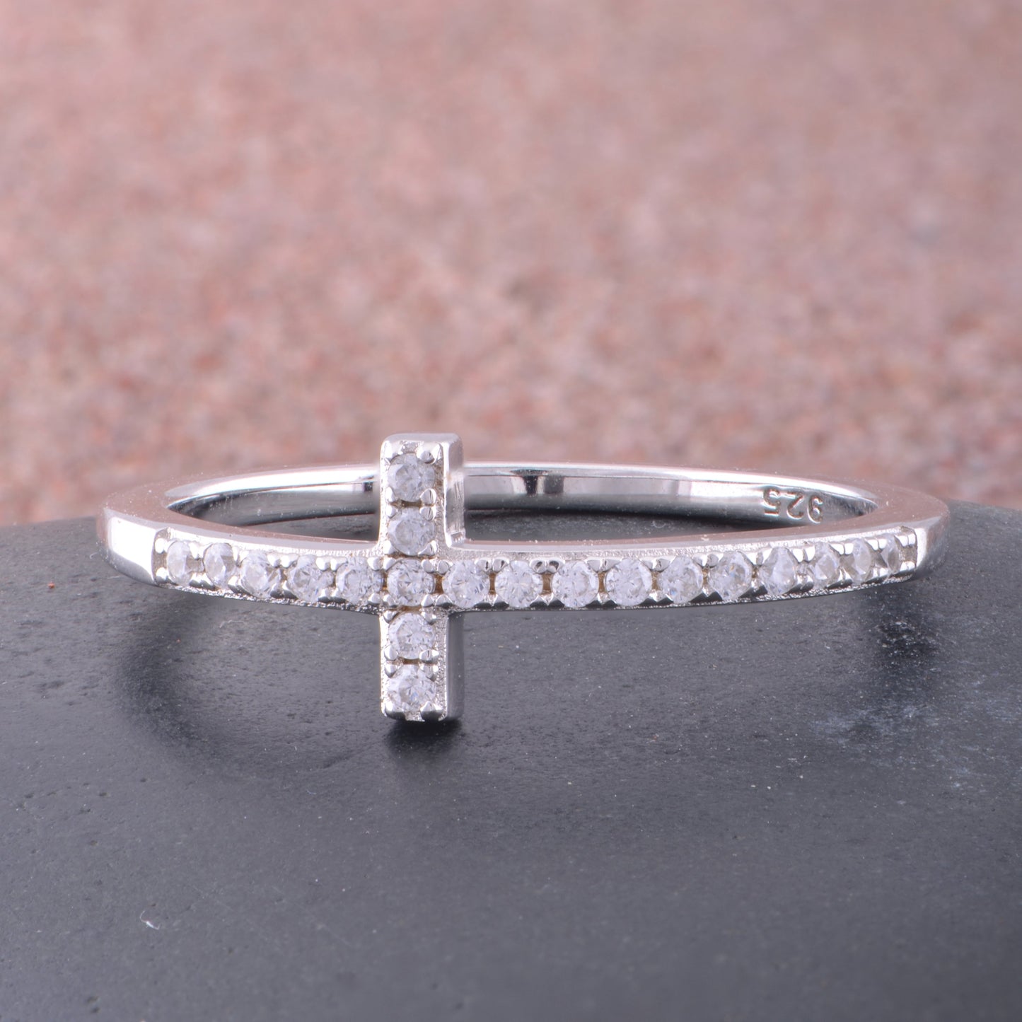 White Gold over Sterling Silver Women's CZ Thin Stackable Sideways Cross Ring