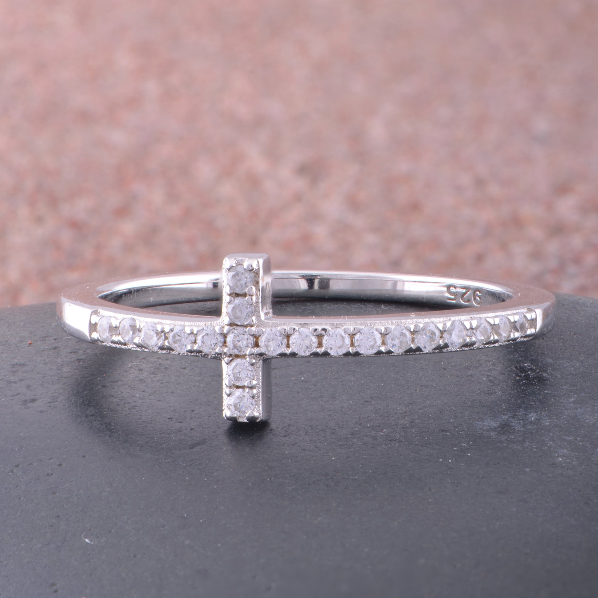 White Gold over Sterling Silver Women's CZ Thin Stackable Sideways Cross Ring