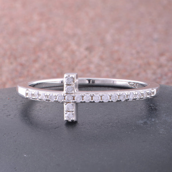 White Gold Over Sterling Silver Womens Cz Thin Stackable Sideways Cross Ring