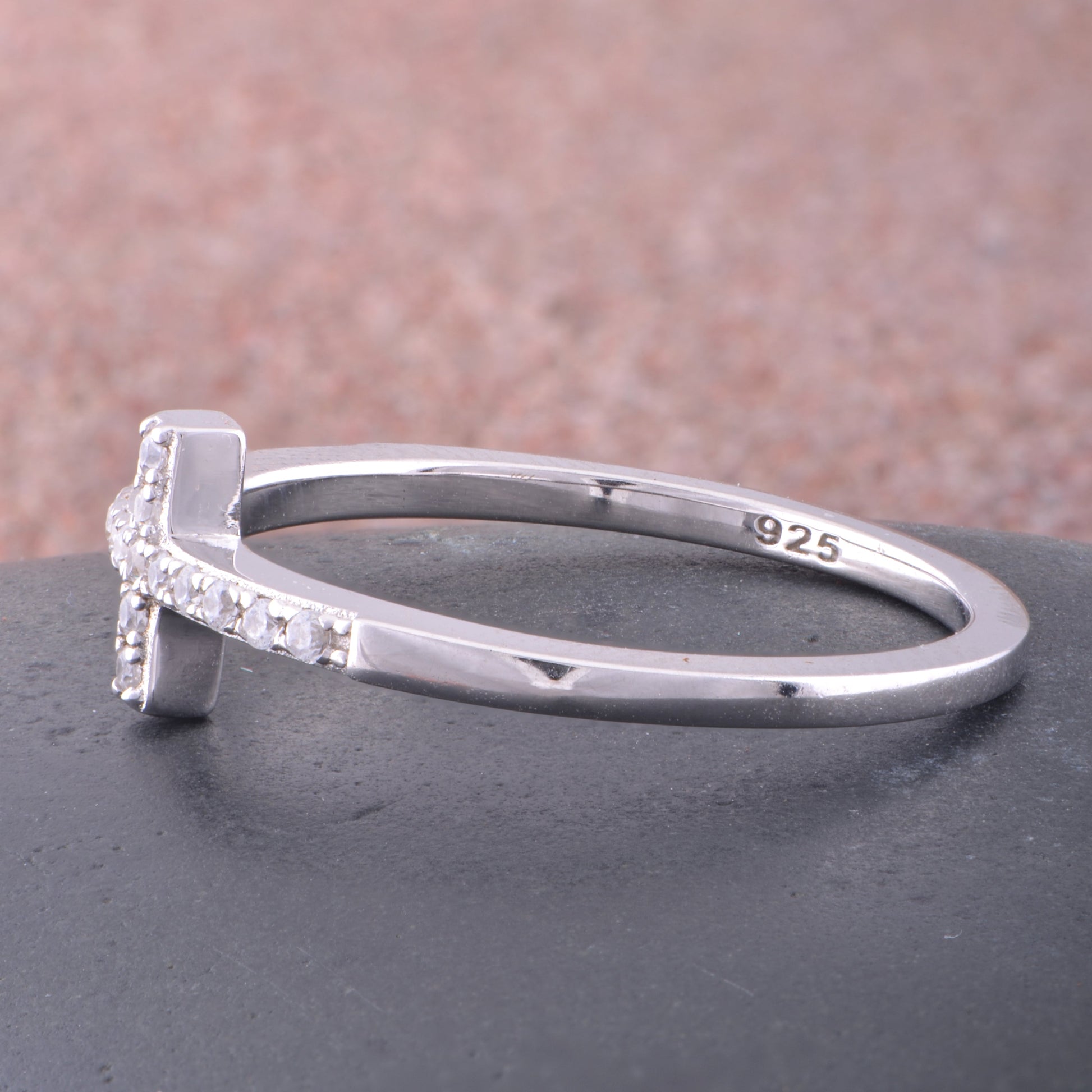 White Gold over Sterling Silver Women's CZ Thin Stackable Sideways Cross Ring
