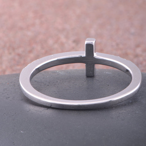 White Gold Over Sterling Silver Womens Cz Thin Stackable Sideways Cross Ring