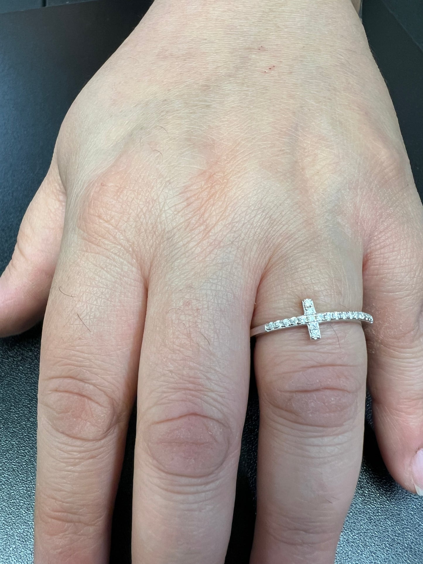 White Gold over Sterling Silver Women's CZ Thin Stackable Sideways Cross Ring