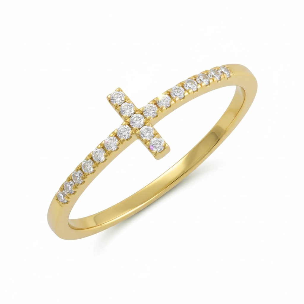 Yellow Gold Over Sterling Silver Women's Cz Thin Stackable Sideways Cross Ring