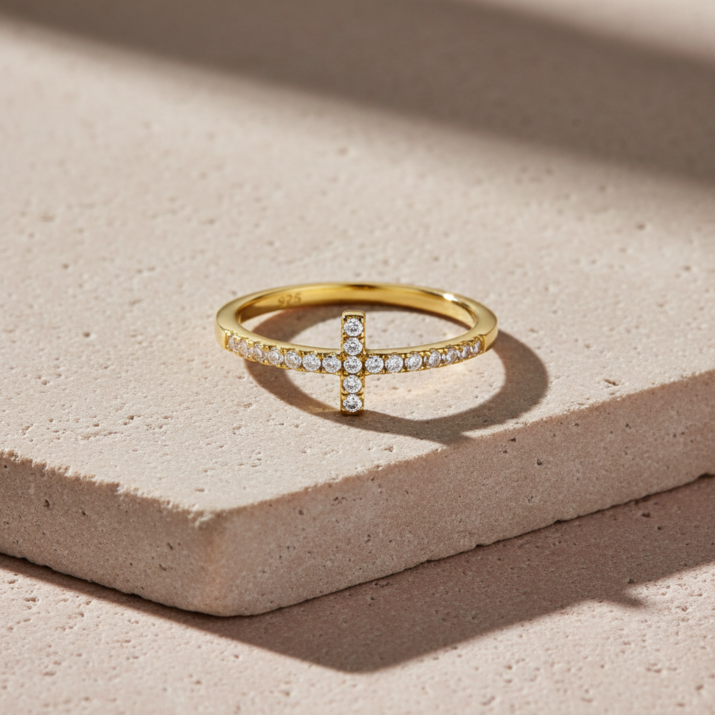 Yellow Gold Over Sterling Silver Women's Cz Thin Stackable Sideways Cross Ring