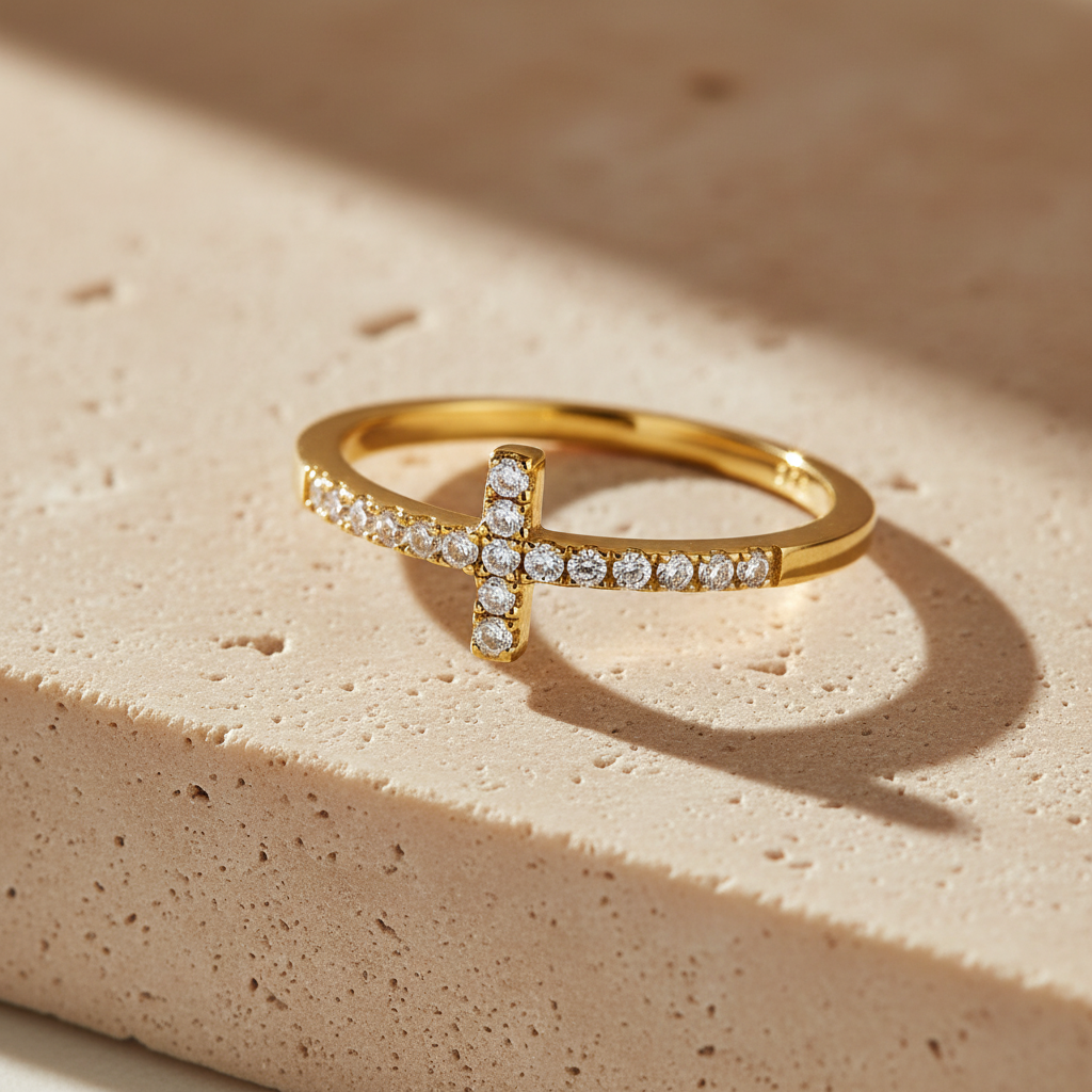 Yellow Gold Over Sterling Silver Women's Cz Thin Stackable Sideways Cross Ring