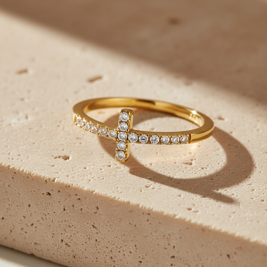 Yellow Gold Over Sterling Silver Women's Cz Thin Stackable Sideways Cross Ring