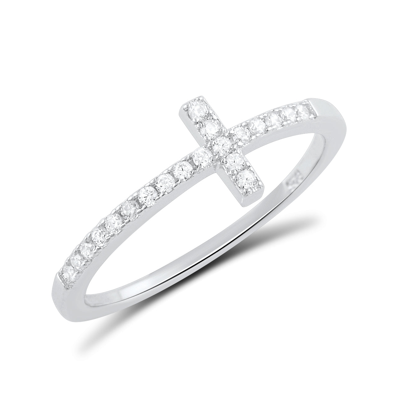 White Gold over Sterling Silver Women's CZ Thin Stackable Sideways Cross Ring