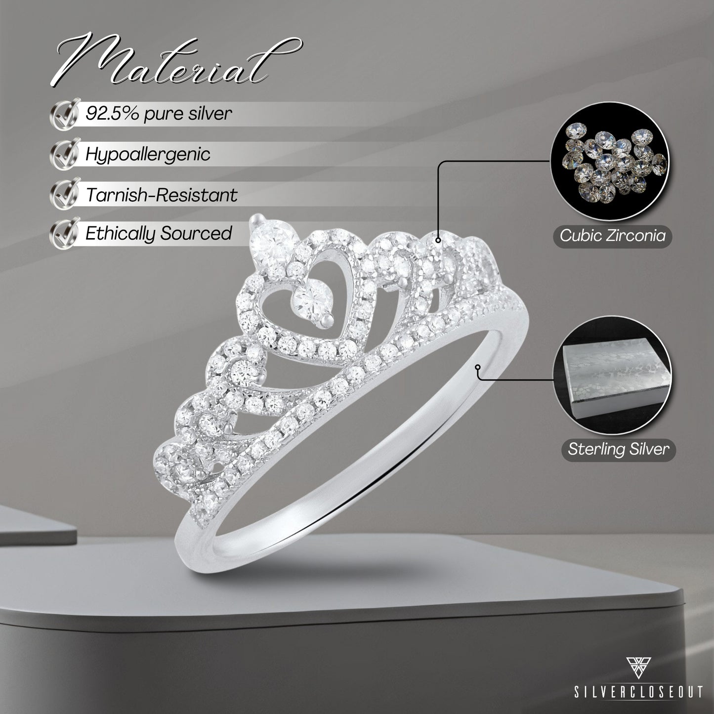 White Gold Dipped Sterling Silver CZ Heart Crown Ring for Women | SilverCloseOut