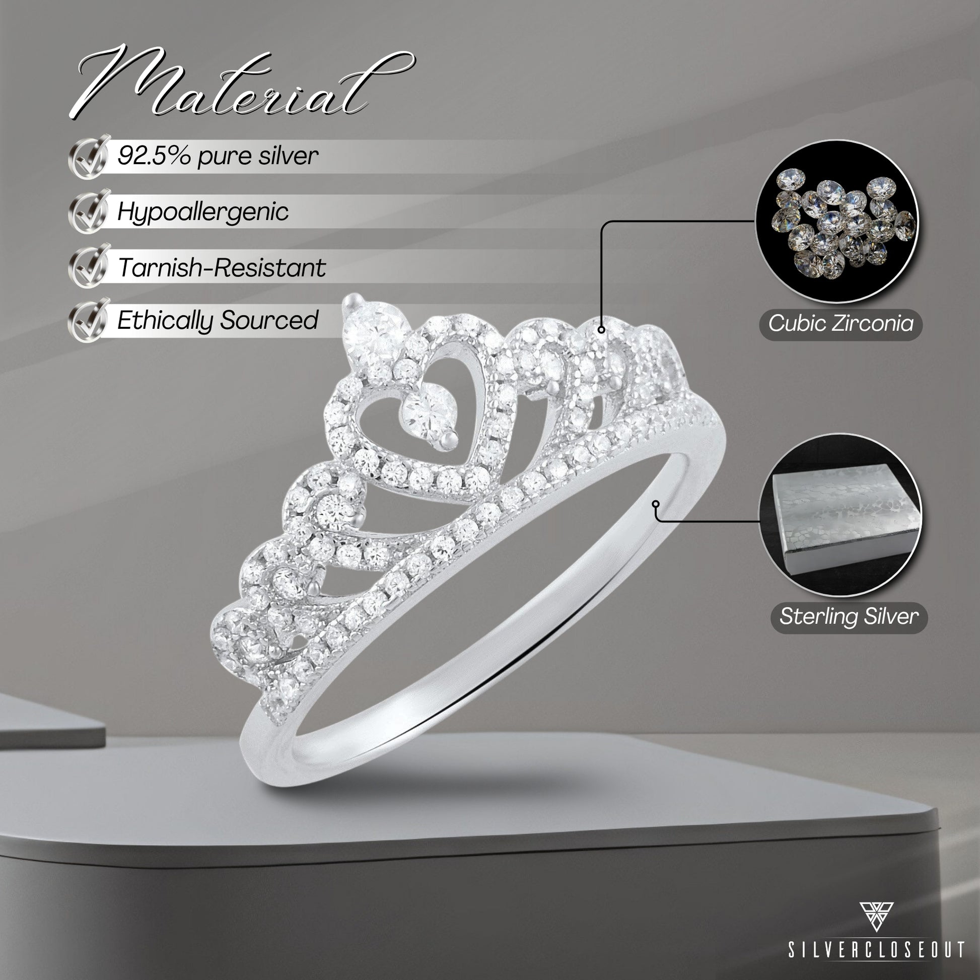 White Gold Dipped Sterling Silver CZ Heart Crown Ring for Women | SilverCloseOut