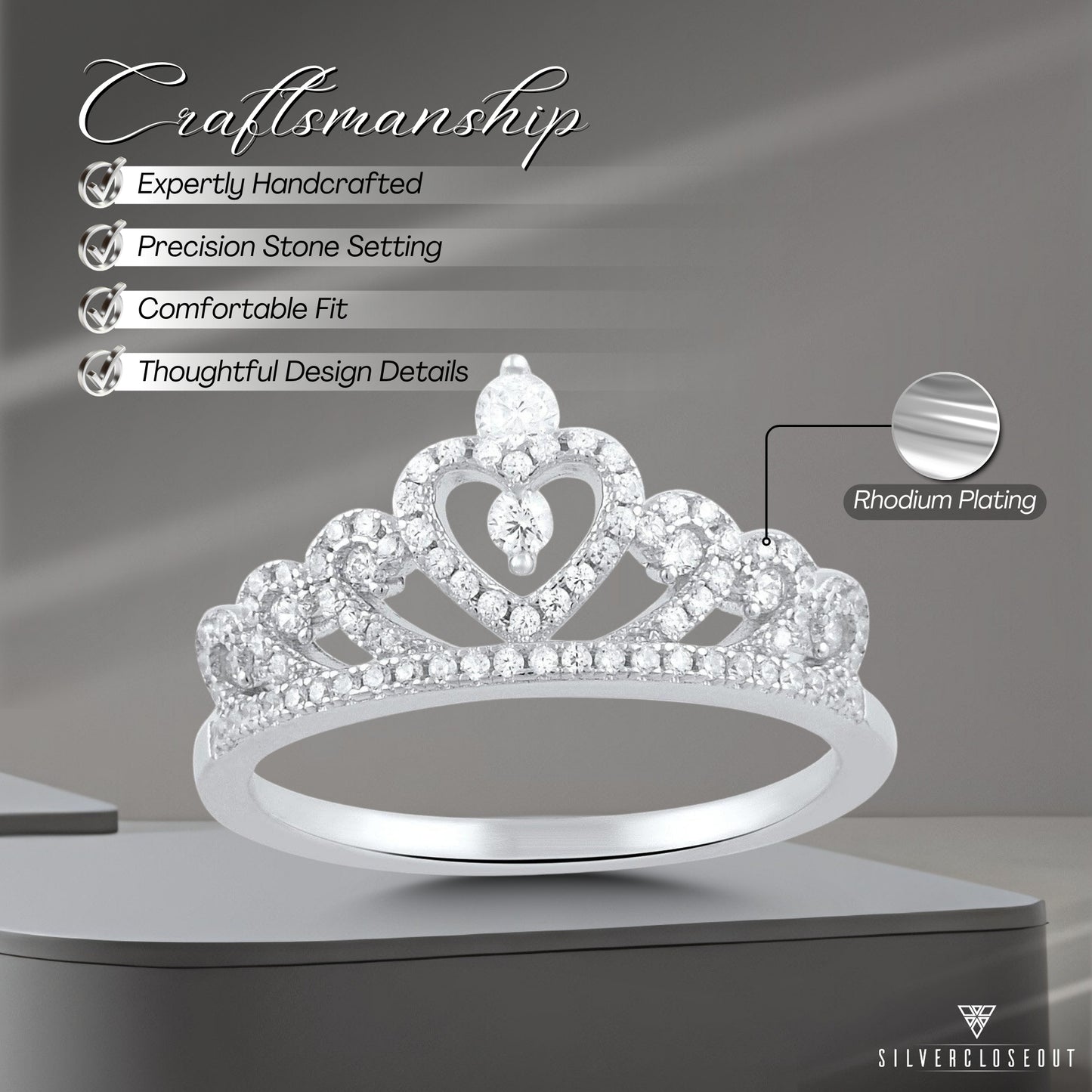White Gold Dipped Sterling Silver CZ Heart Crown Ring for Women | SilverCloseOut