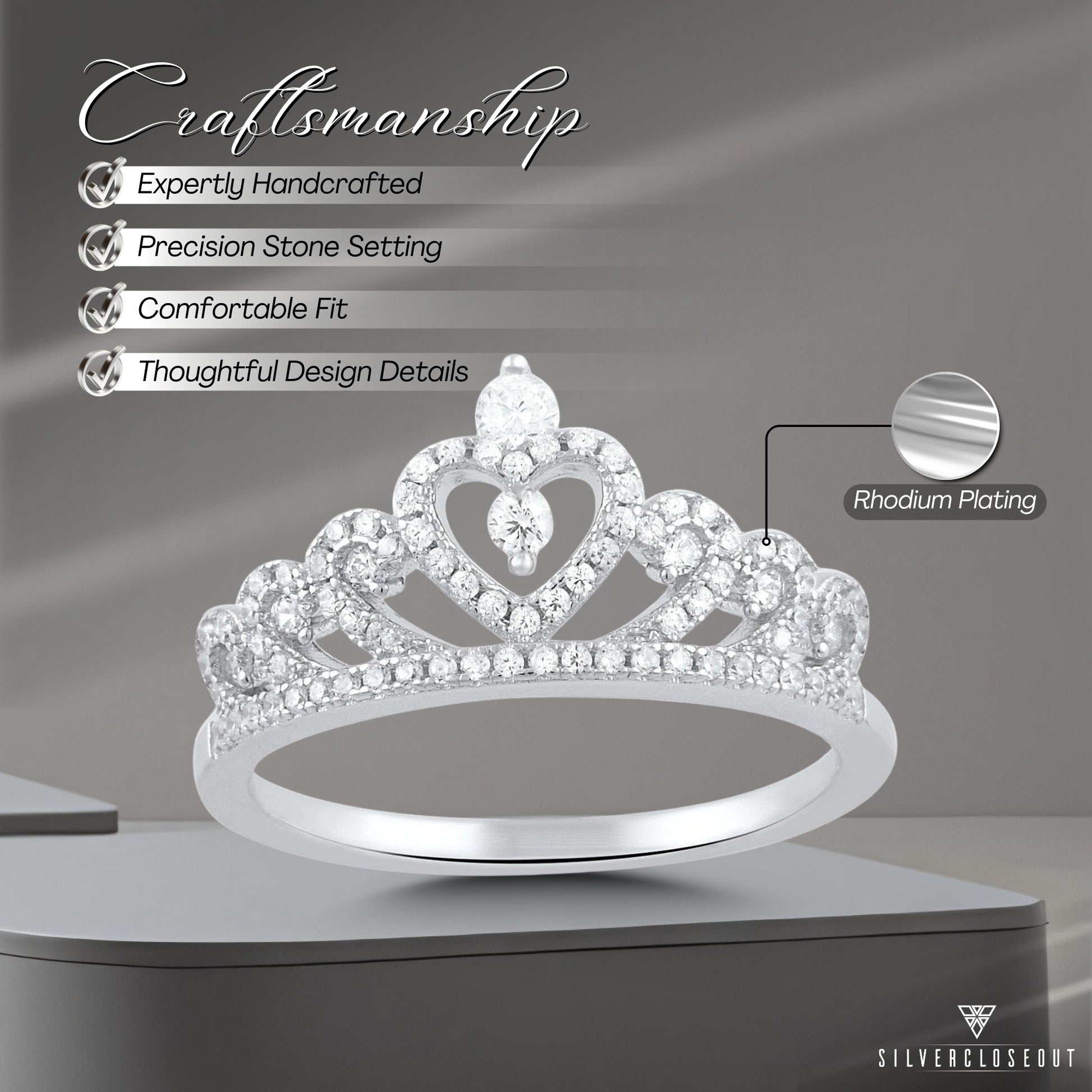 White Gold Dipped Sterling Silver CZ Heart Crown Ring for Women | SilverCloseOut