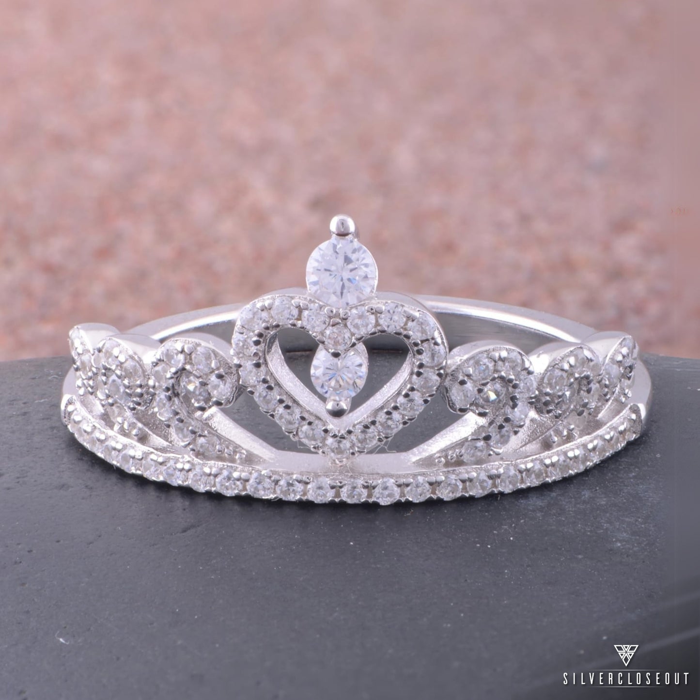 Sterling Silver Cz Heart Crown Ring