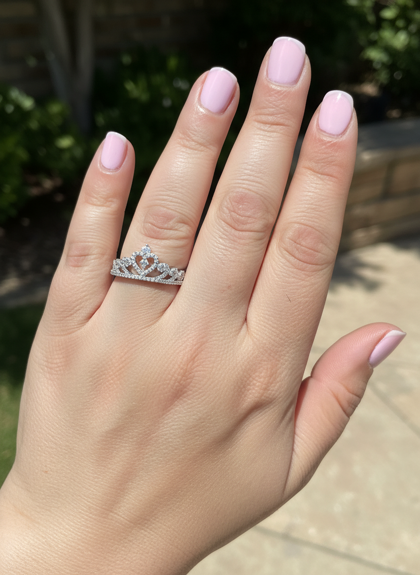 White Gold Dipped Sterling Silver CZ Heart Crown Ring for Women | SilverCloseOut
