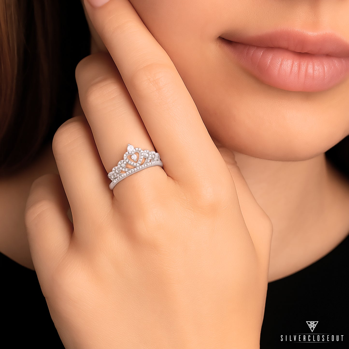White Gold Dipped Sterling Silver CZ Heart Crown Ring for Women | SilverCloseOut
