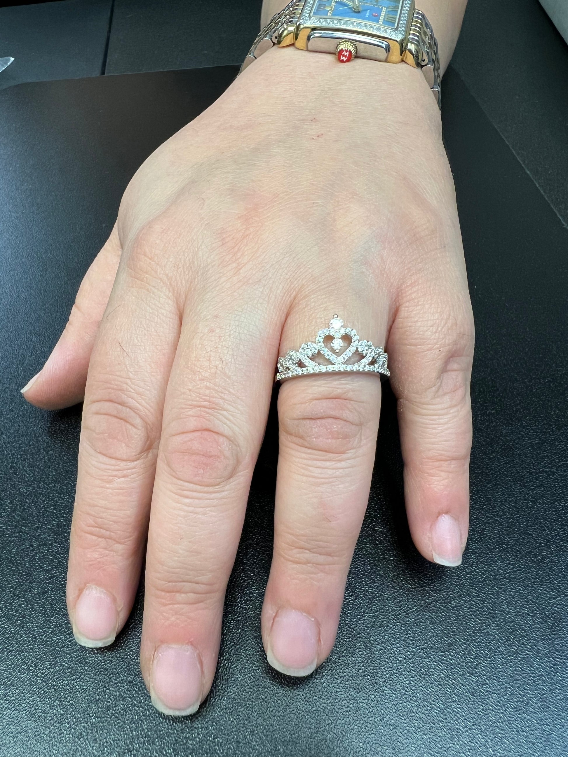 White Gold Dipped Sterling Silver CZ Heart Crown Ring for Women | SilverCloseOut