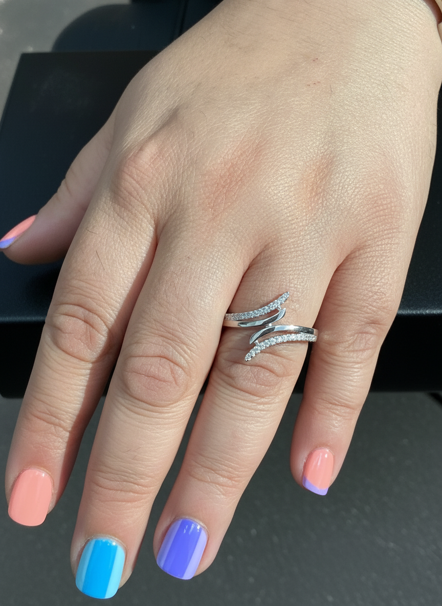 White Gold Dipped Sterling Silver CZ Wrap Around Bypass Ring for Women