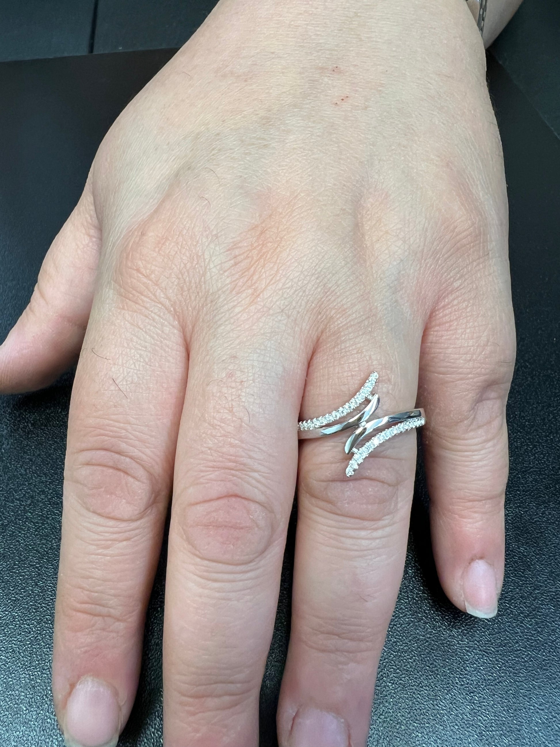 White Gold Dipped Sterling Silver CZ Wrap Around Bypass Ring for Women