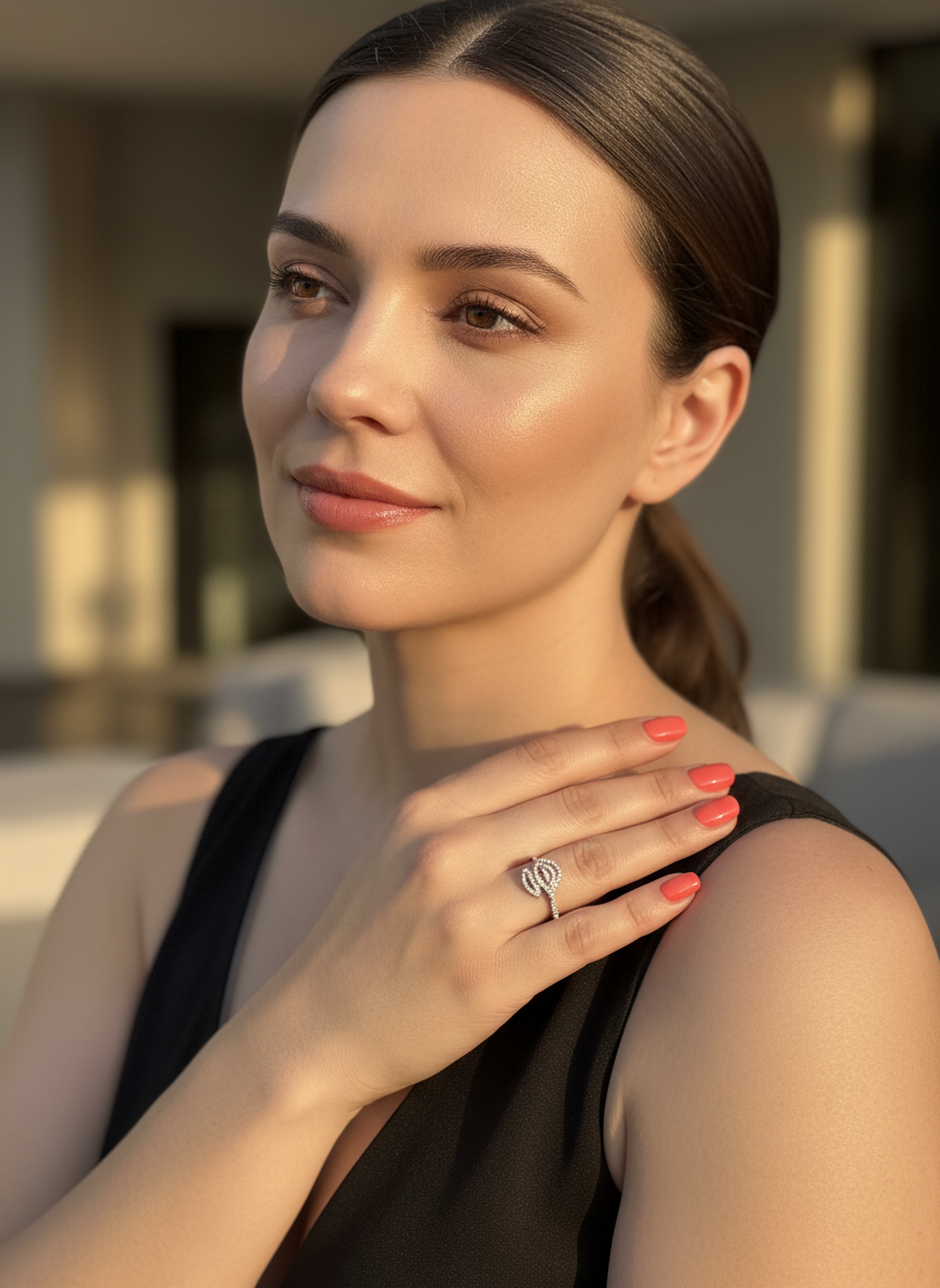 White Gold Dipped Sterling Silver CZ Stackable Leaf Ring for Women