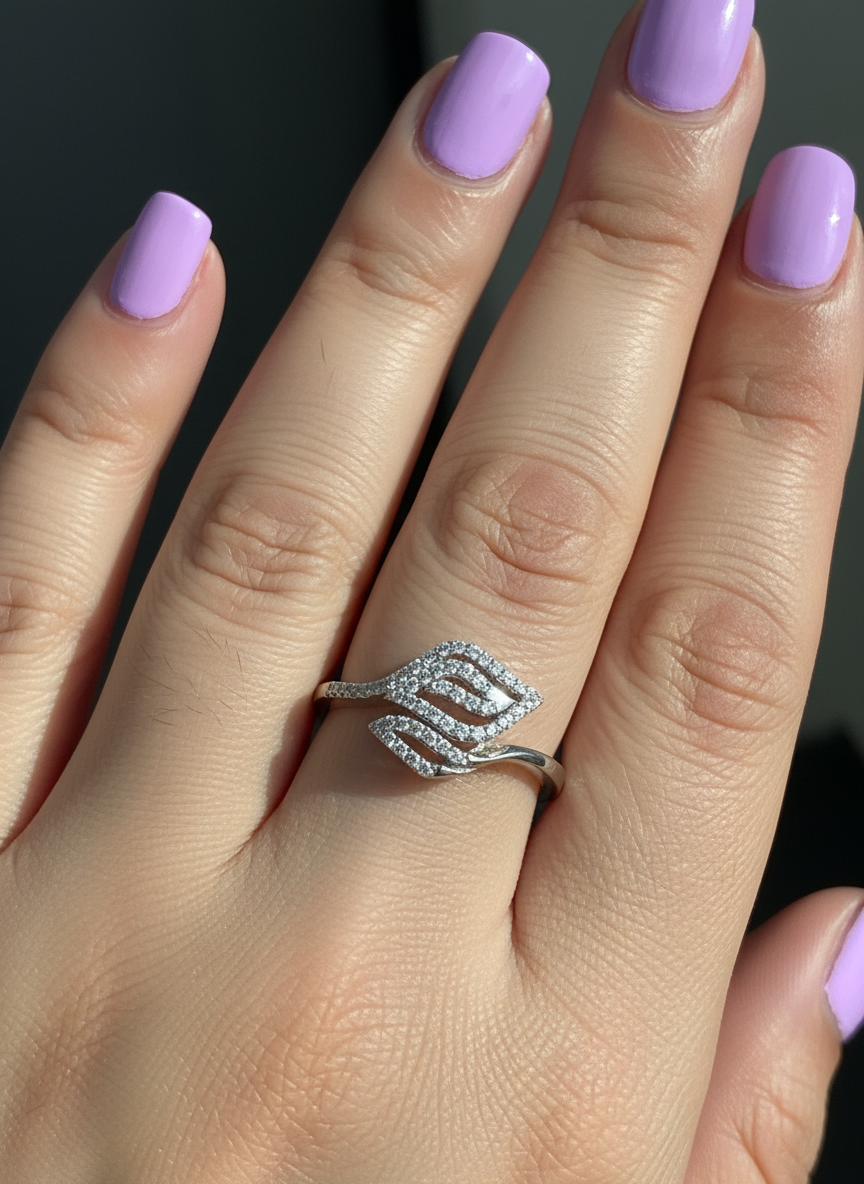 White Gold Dipped Sterling Silver CZ Stackable Leaf Ring for Women