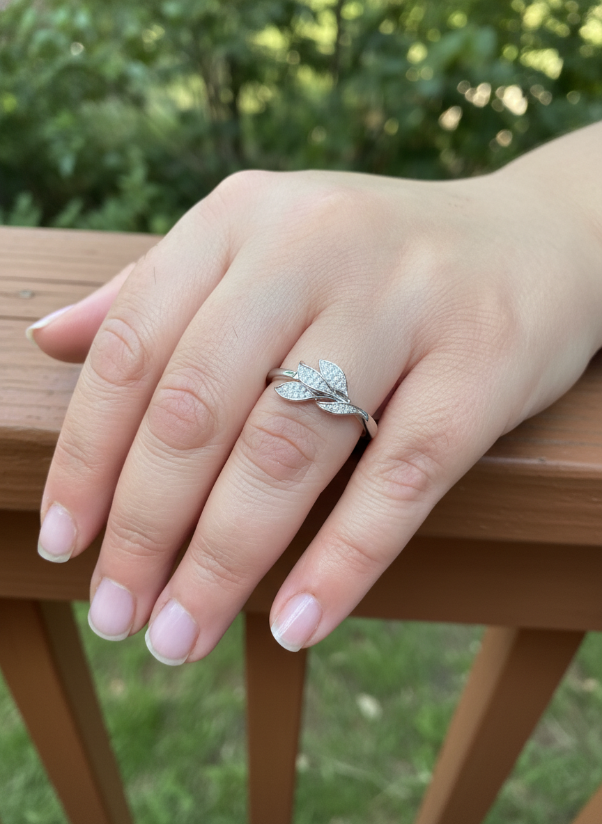Sterling Silver CZ Art Leaf Ring