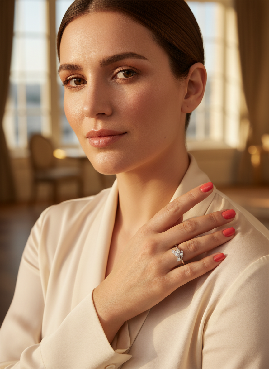 Sterling Silver CZ Art Leaf Ring