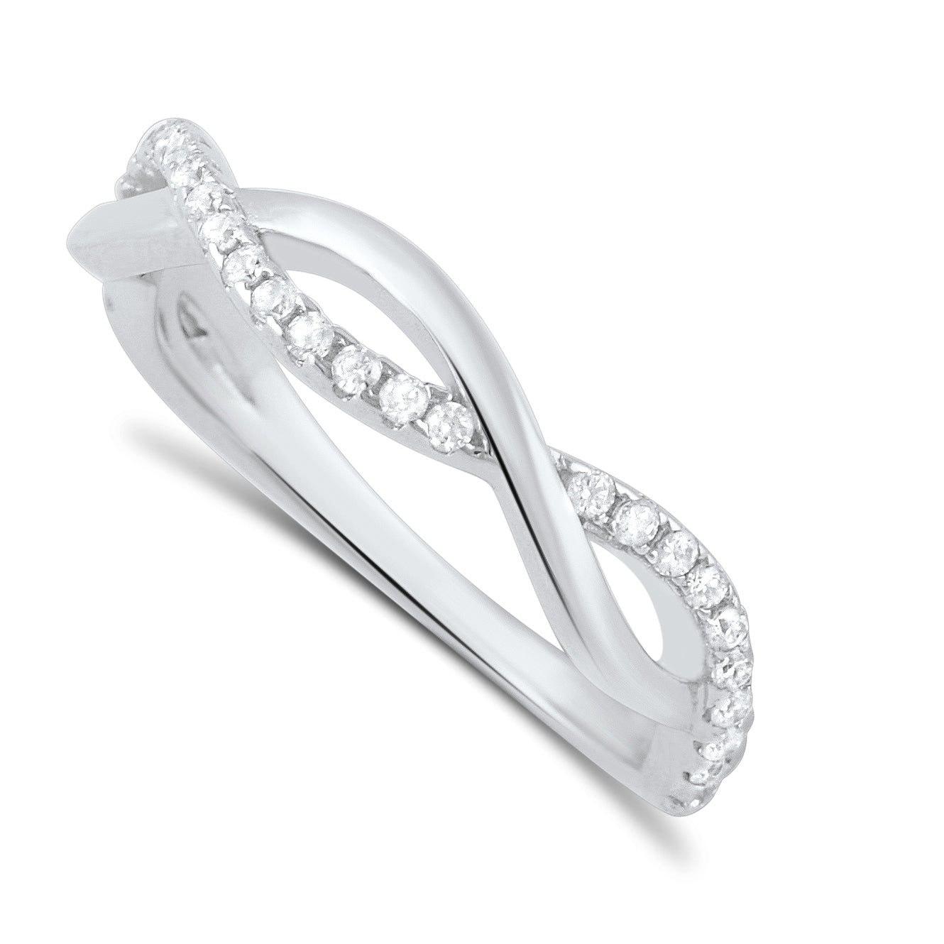 White Gold over Sterling Silver Ladies Thin Stackable Twisted CZ infinity Ring