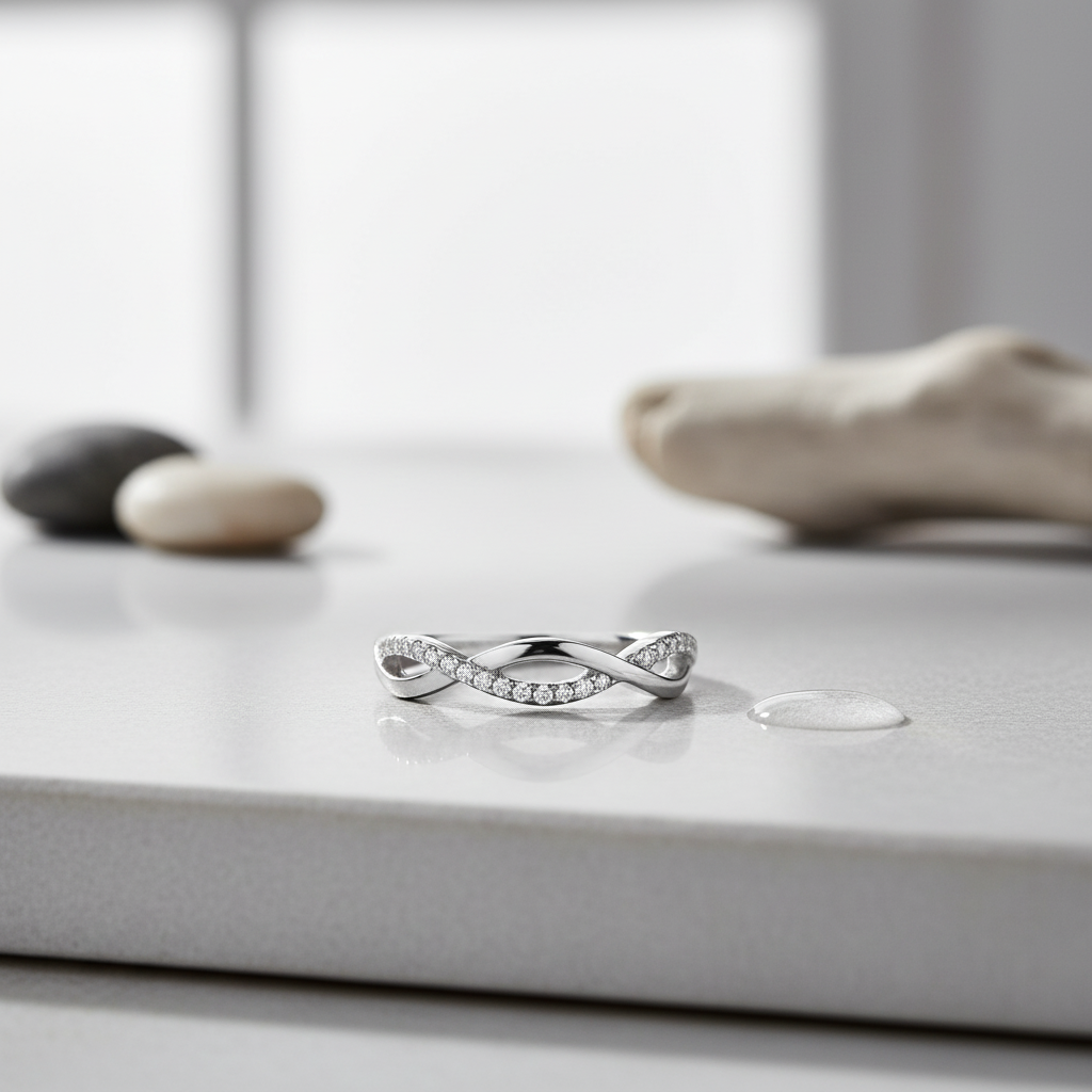 White Gold over Sterling Silver Ladies Thin Stackable Twisted CZ infinity Ring