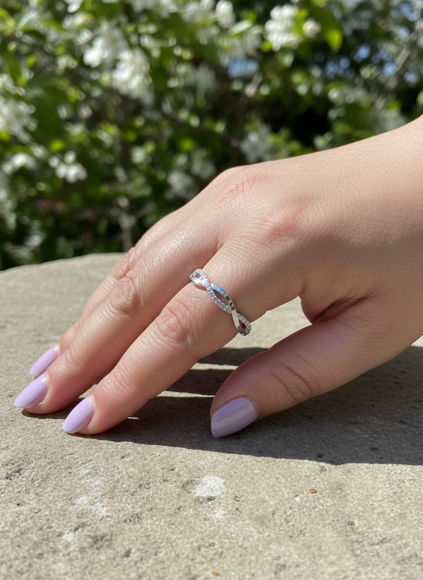 White Gold over Sterling Silver Ladies Thin Stackable Twisted CZ infinity Ring