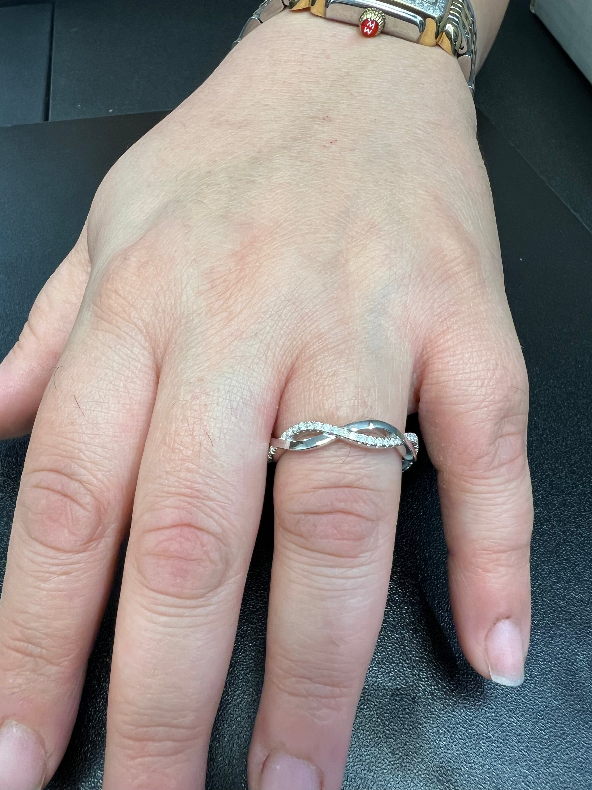 White Gold over Sterling Silver Ladies Thin Stackable Twisted CZ infinity Ring