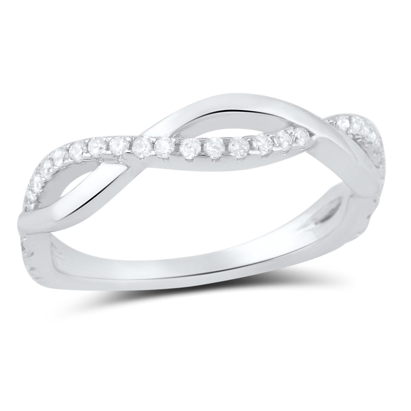 White Gold over Sterling Silver Ladies Thin Stackable Twisted CZ infinity Ring