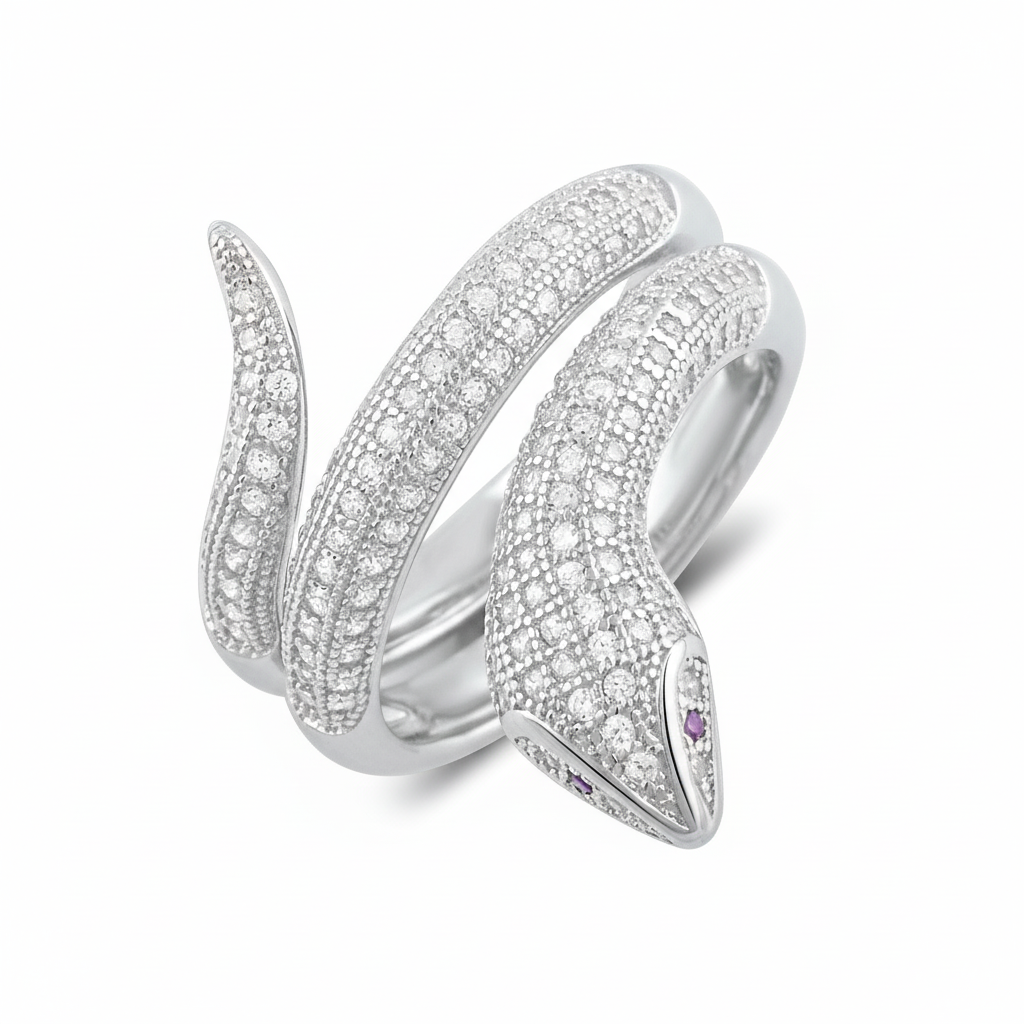Rhodium-Plated Sterling Wrap Around Snake Ring for Women – Simulated Diamond CZ
