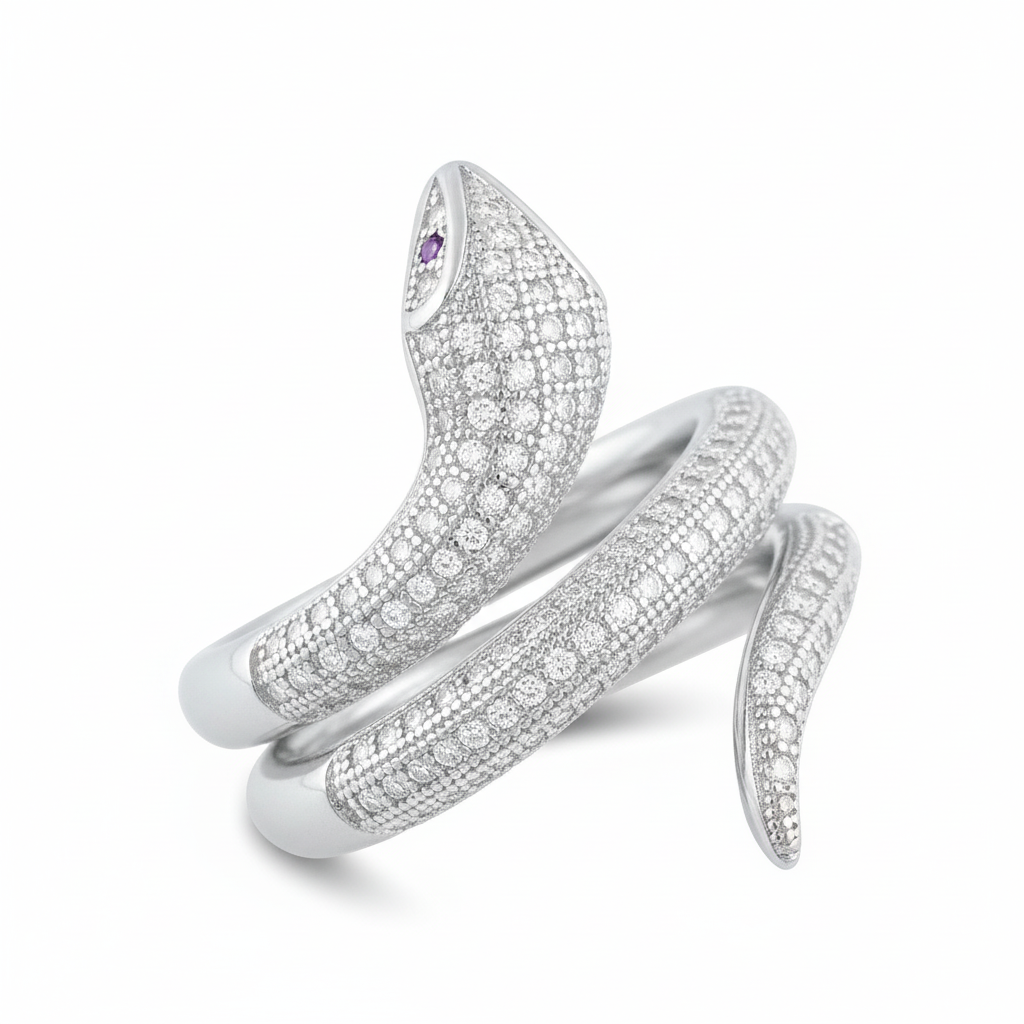 Sterling Silver Wrap Around Snake Ring for Women – Simulated Diamond CZ Rhodium Plated