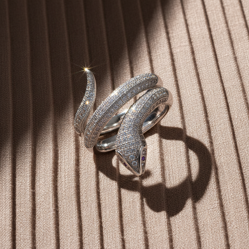 Sterling Silver Wrap Around Snake Ring for Women – Simulated Diamond CZ Rhodium Plated